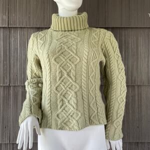 🔥Paul James 100% Wool Aran Knit Fisherman Green Sweater Made In England Women M